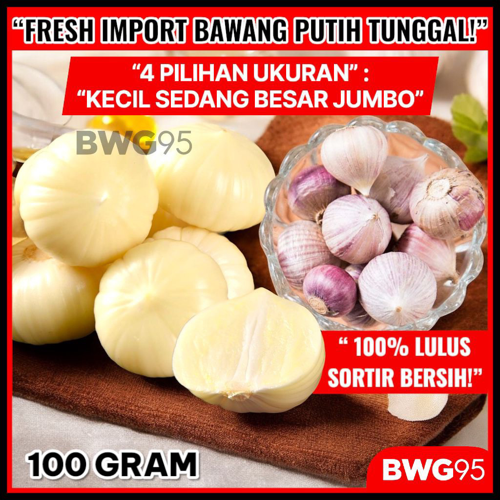 

Bawang Putih Tunggal 100gram 100 gram 100g 1ons / Bawang Lanang 100gr 1 ons Fresh / Bawang Tunggal Kecil 100 gram / Bawang Lanang Sedang 100 gram 100g Import Termurah