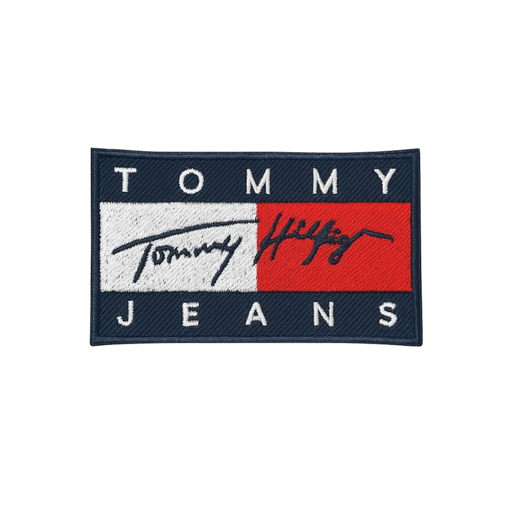 Patch Bordir Tommy Jeans Original – Emblem Bordir Ukuran 7x4,5 cm – Bisa Dijahit atau Disetrika – Te