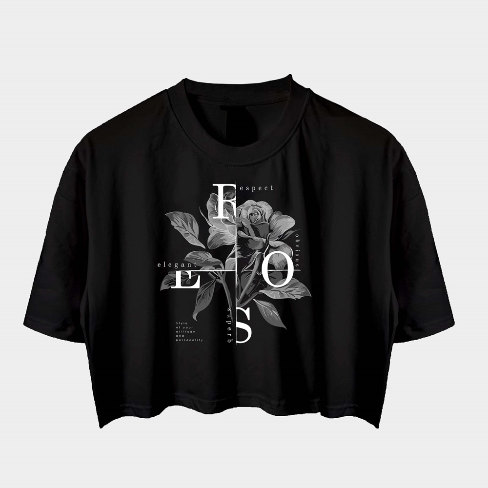 Tshirt wanita Croptop Flowers Mawar Hitam  Cantik Oversize kaos jumbo M L XL XXL XXXL CROP TEE WANIT