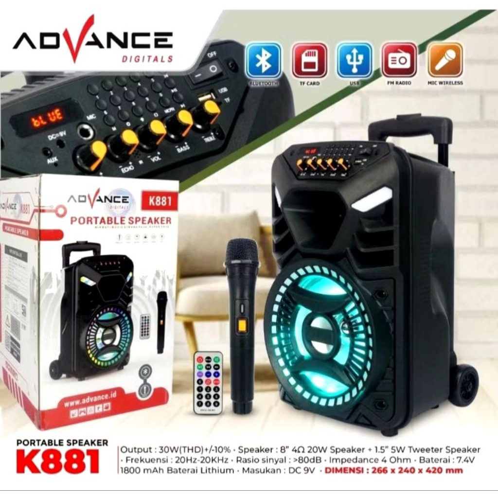Speaker Portabel Advance K-881 Bluetooth 1 MIC Wireless 8inchi K-881