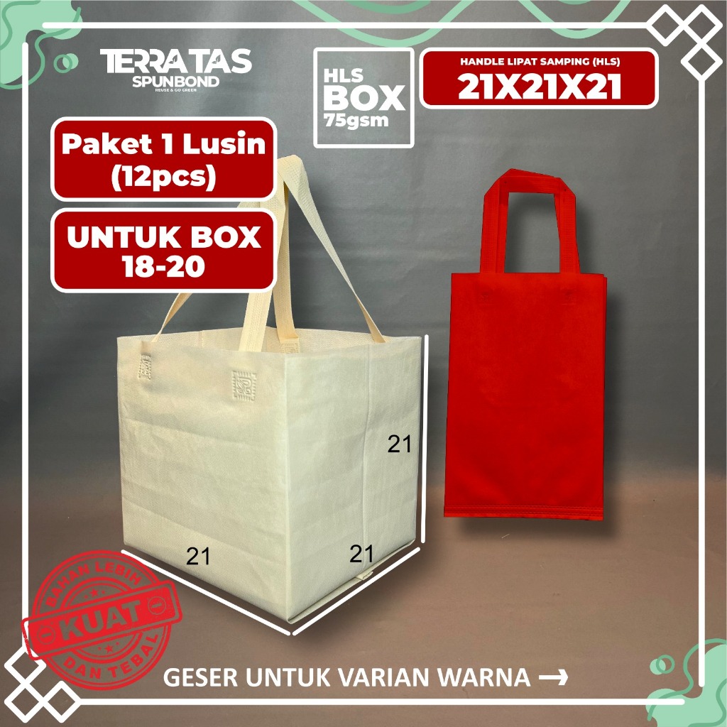 

Paket 1 Lusin 12pcs 75 GSM 21x21x21 Untuk Box 18-20 Tas Kantong Belanja Tas Kotak Makan Souvenir Hampers Kain Spunbond