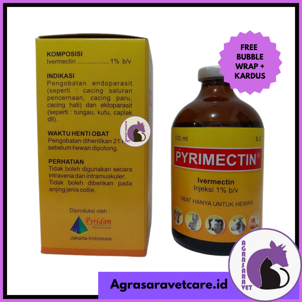 PYRIMECTIN INJEKSI 100 ml - obat cacing gudig scabies gurem hewan mirip kepromec ivervet intermectin