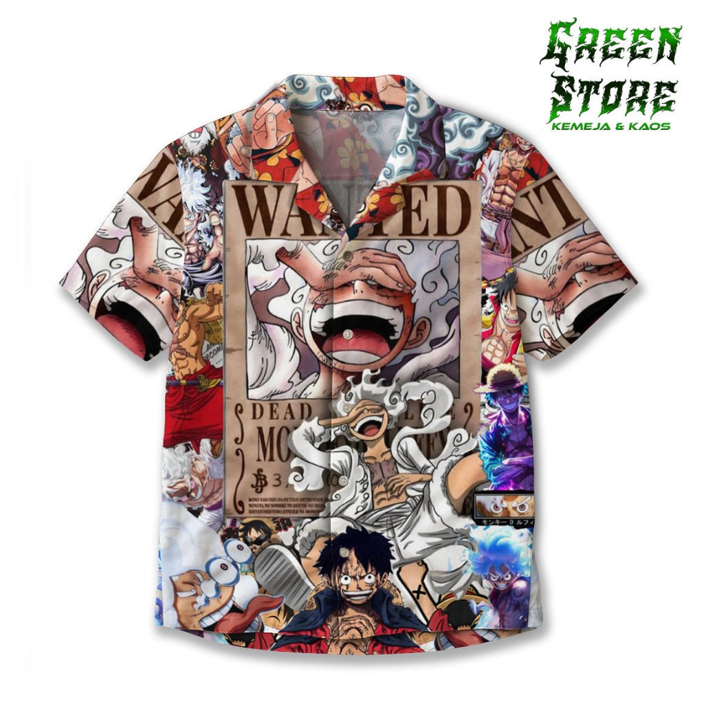 GREEN STORE Kemeja One Piece Gear 5 – Kemeja Anime Luffy Wanted Unisex Premium GS-114