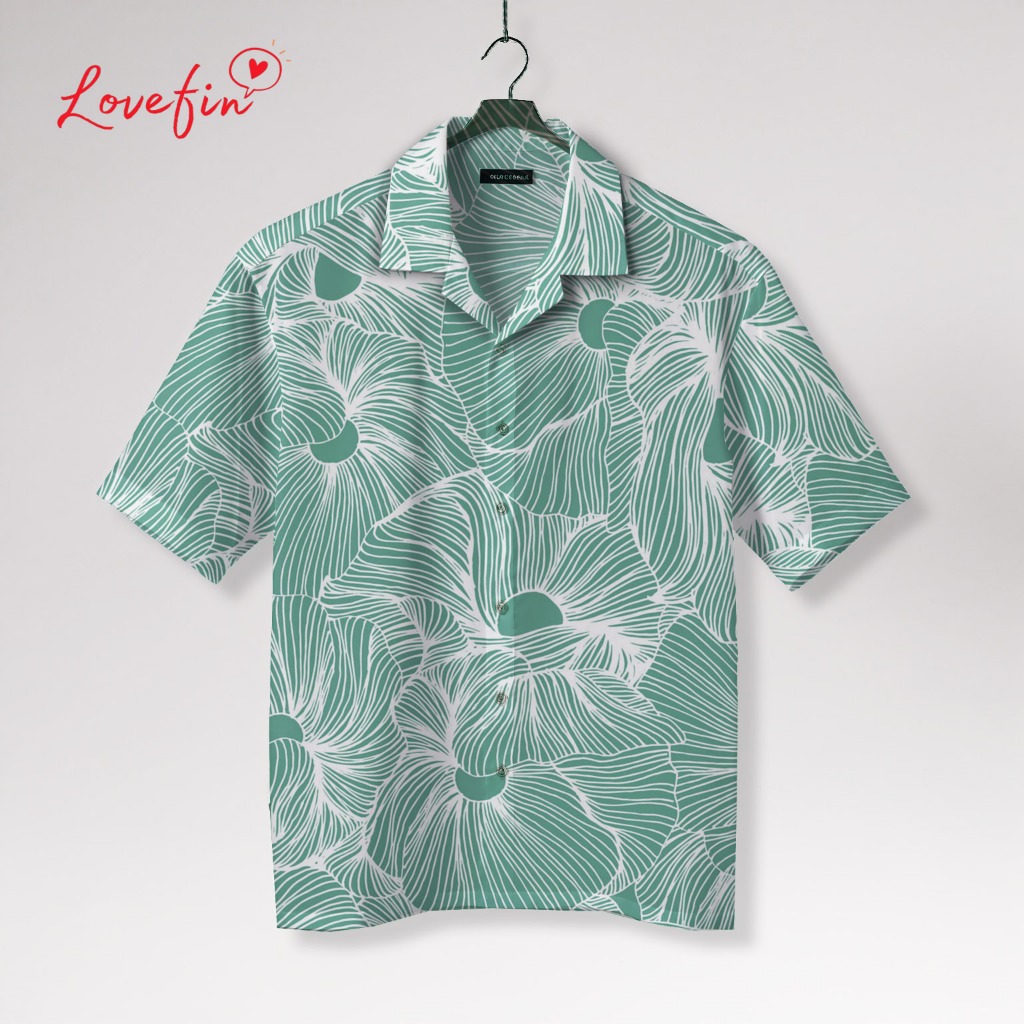 LOVEFIN Kemeja Pria Motif Floral Abstrak Mint – Kemeja Fullprint Unisex Lengan Pendek Bahan Adem Pre