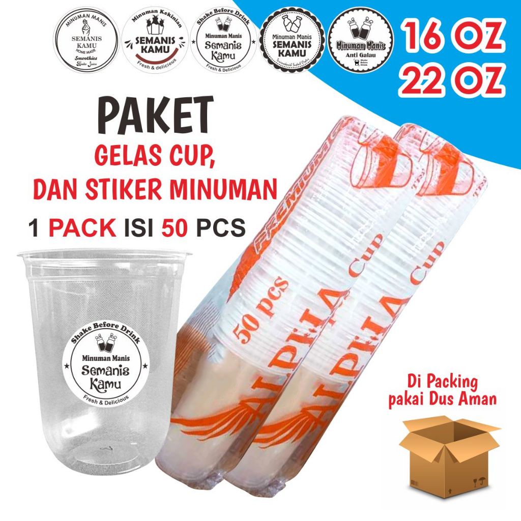 PAKET GELAS DAN STIKER GELAS CUP OVAL 16 OZ / 22OZ TEBAL