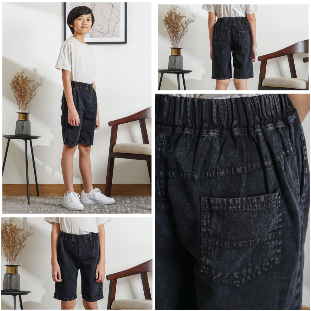 LuckyOne Celana Pendek Jeans Anak Laki Laki  Bahan Denim 6,5 Onz Full Karet Tanpa Resleting Usia 6-1