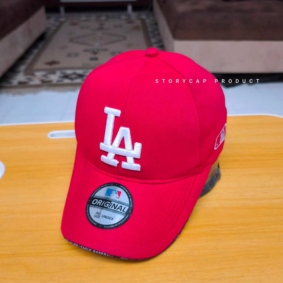 TOPI BASEBALL DISTRO LOGO LA - TOPI BASEBALL PRIA WANITA BORDIR LA MERAH