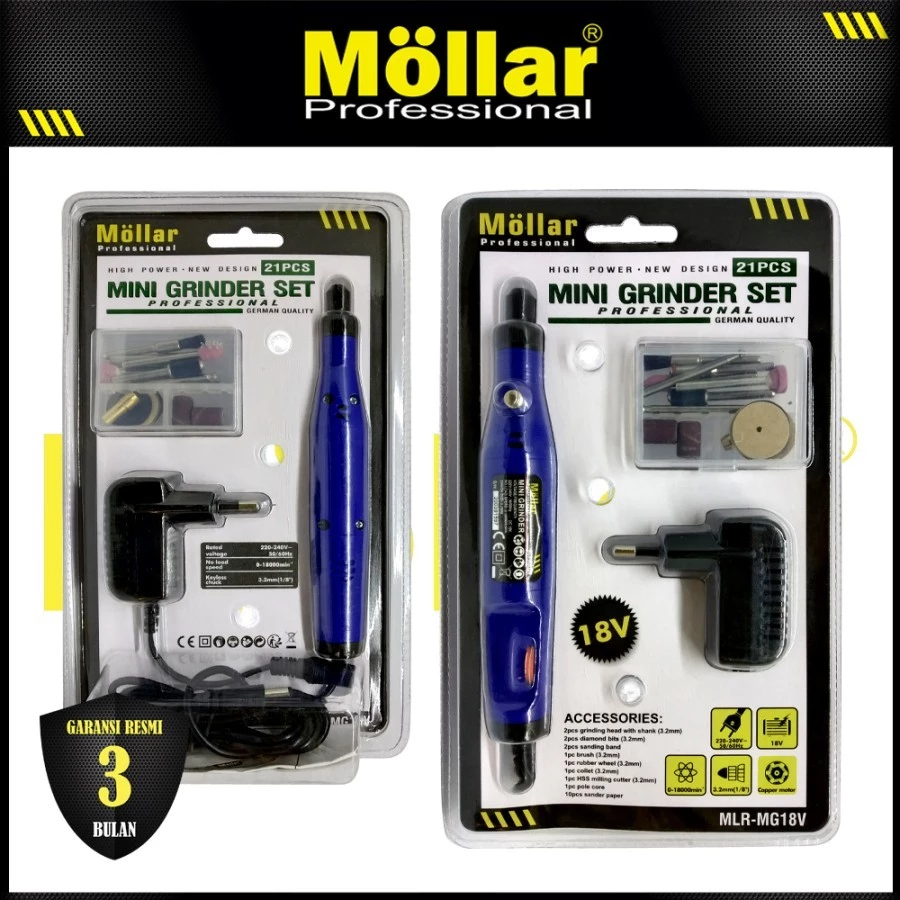 MOLLAR MG18V MINI GRINDER LISTRIK SET 21 PCS BOR GERINDA TUNER ADAPTOR