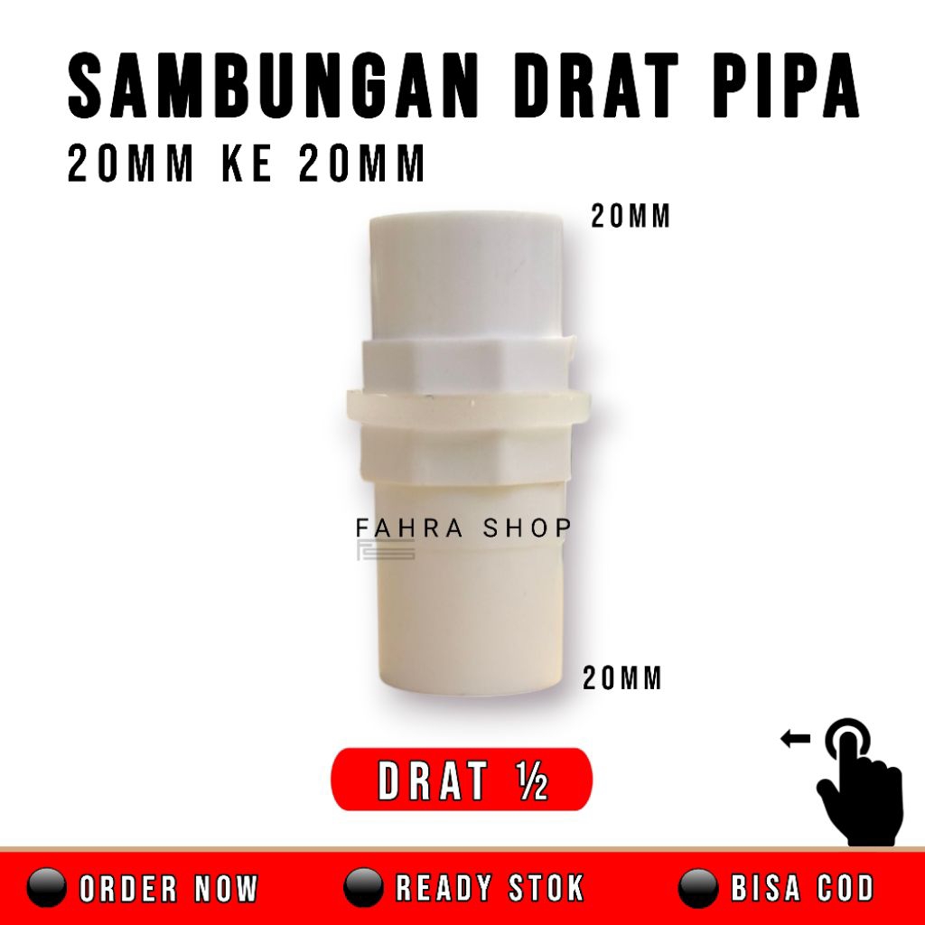 Sok Drat Pipa Aquarium 20mm ke 20mm sambungan drat putih 20mm
