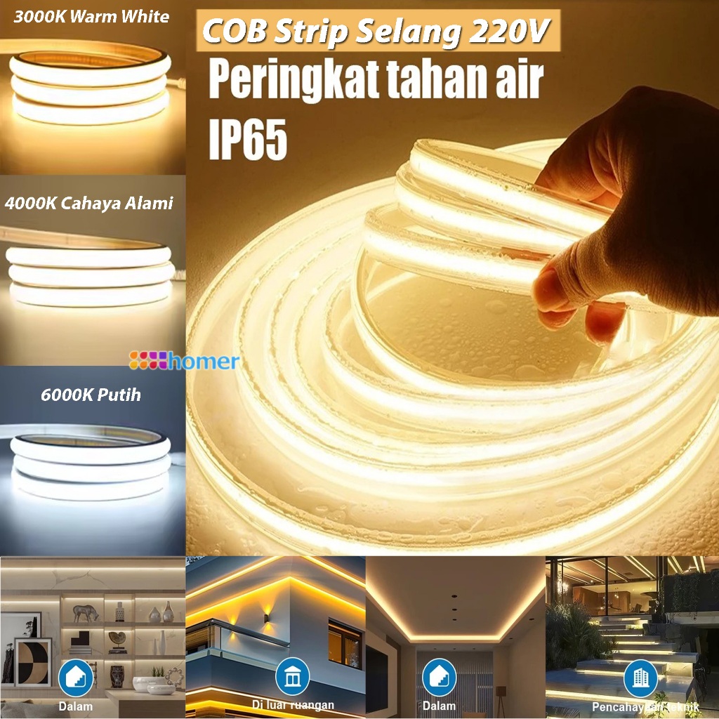 Lampu LED Strip NEON Selang COB 220V IP65 langsung colok Per Meter Adaptor Socket 4A 8A Super Terang