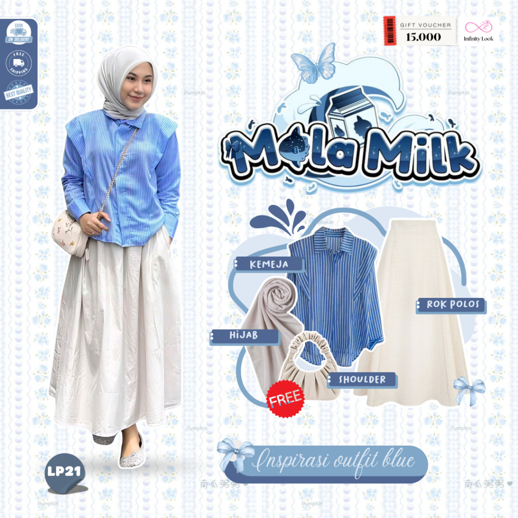 Oneset Casual Wanita 4in1 Outfit  | Hijab + Shoulder + Kemeja + Rok  | Hijab Style Outfit Korea - LP
