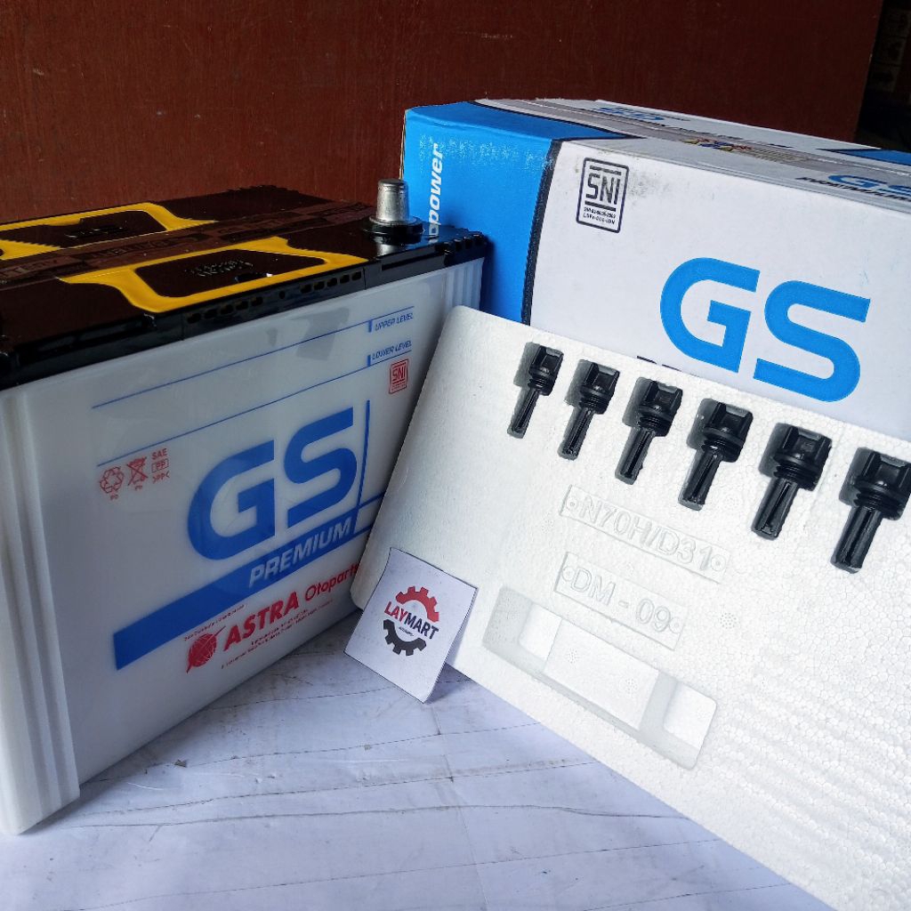 ACCU MOBIL GS PREMIUM N70Z Kapasitas Ampere  ‎65Ah, Tegangan 12 V