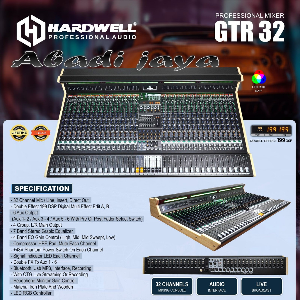 mixer hardwell gtr 32 / gtr32 / HARDWELL GTR 32 / HARDWELL GTR32 32 CHANNEL DOUBLE EFEECTS 6 AUX WITH OTG ORIGINAL