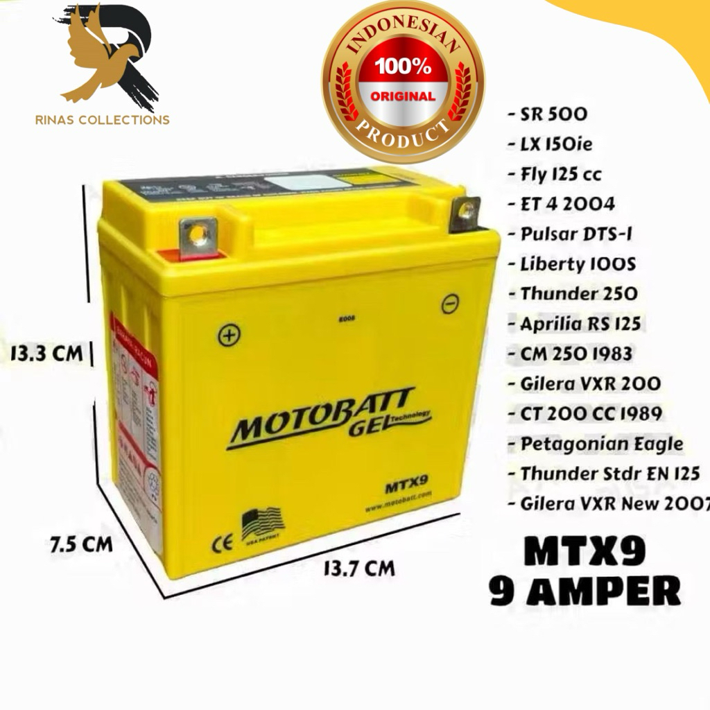 AKI Kering Motobatt Gel MTX9 TVS Apache 150 / SUZUKI Thunder 125 / 250 / BAJAJ PULSAR 180/200 - 9Ah 
