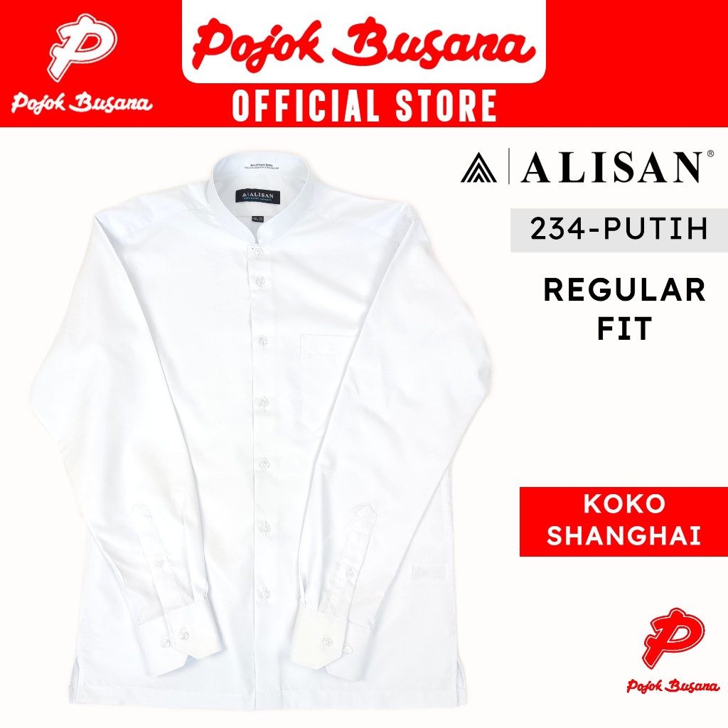 Pojok Busana Kemeja Alisan Kerah Koko Polos Pria - Atasan Cowok Shanghai - Fashion Muslim Putih