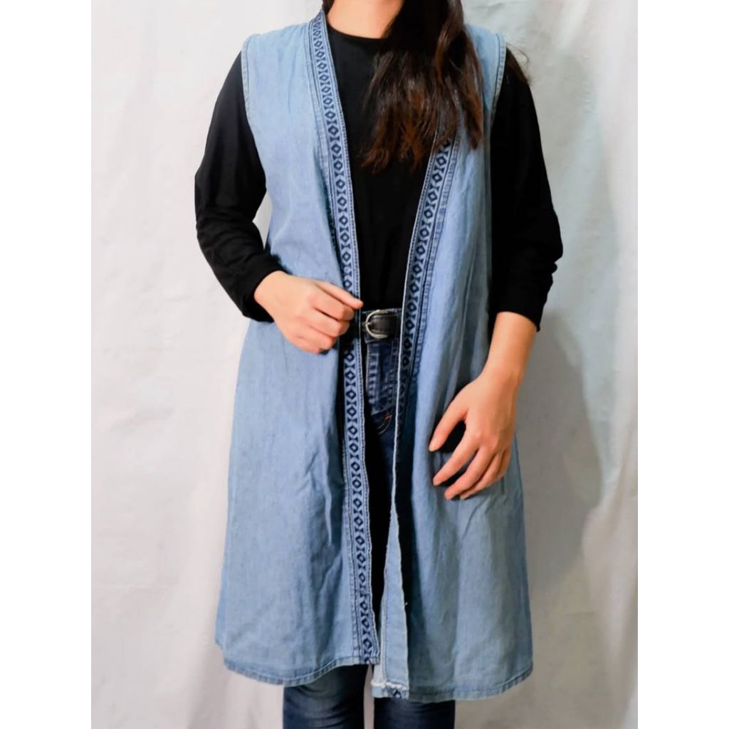 Outer Rompi Denim Wanita – Model Bordir Etnik Tepi | Outer Jeans Casual Tanpa Lengan