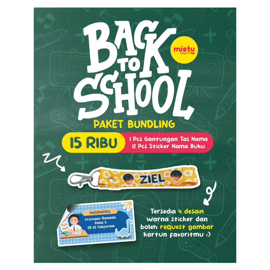 

BACK TO SCHOOL (Paket Bundling) Gantungan Tas & Sticker Label Buku Sekolah (CUSTOM)