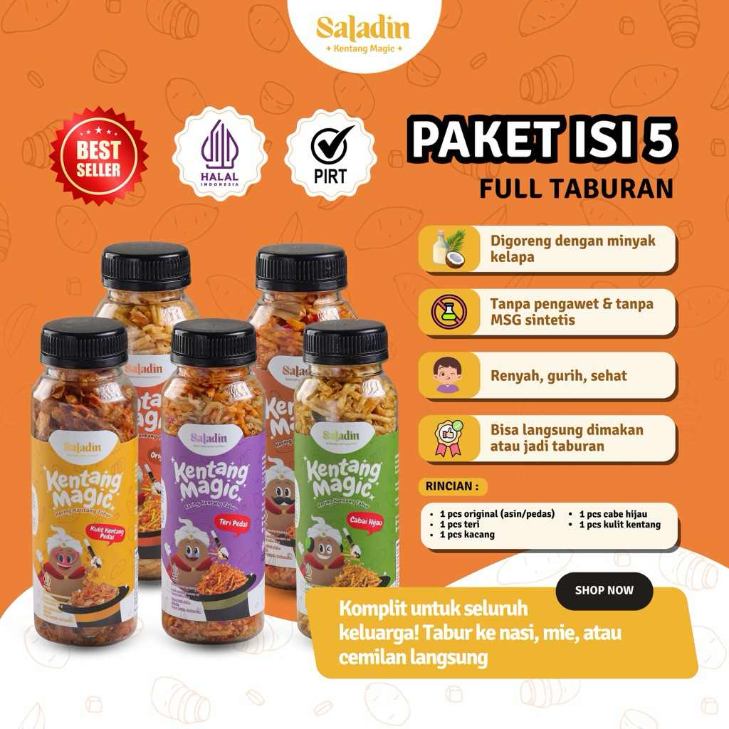 

PAKET HEMAT 5 PCS Saladin Kentang Magic– Mustofa Tanpa MSG, Bisa Jadi Snack & Taburan