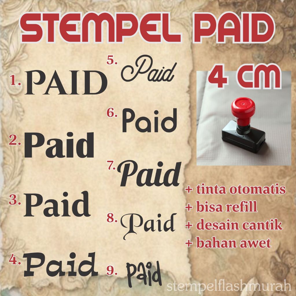 

stempel PAID 4cm lunas tinta otomatis flash stamp nama toko nota