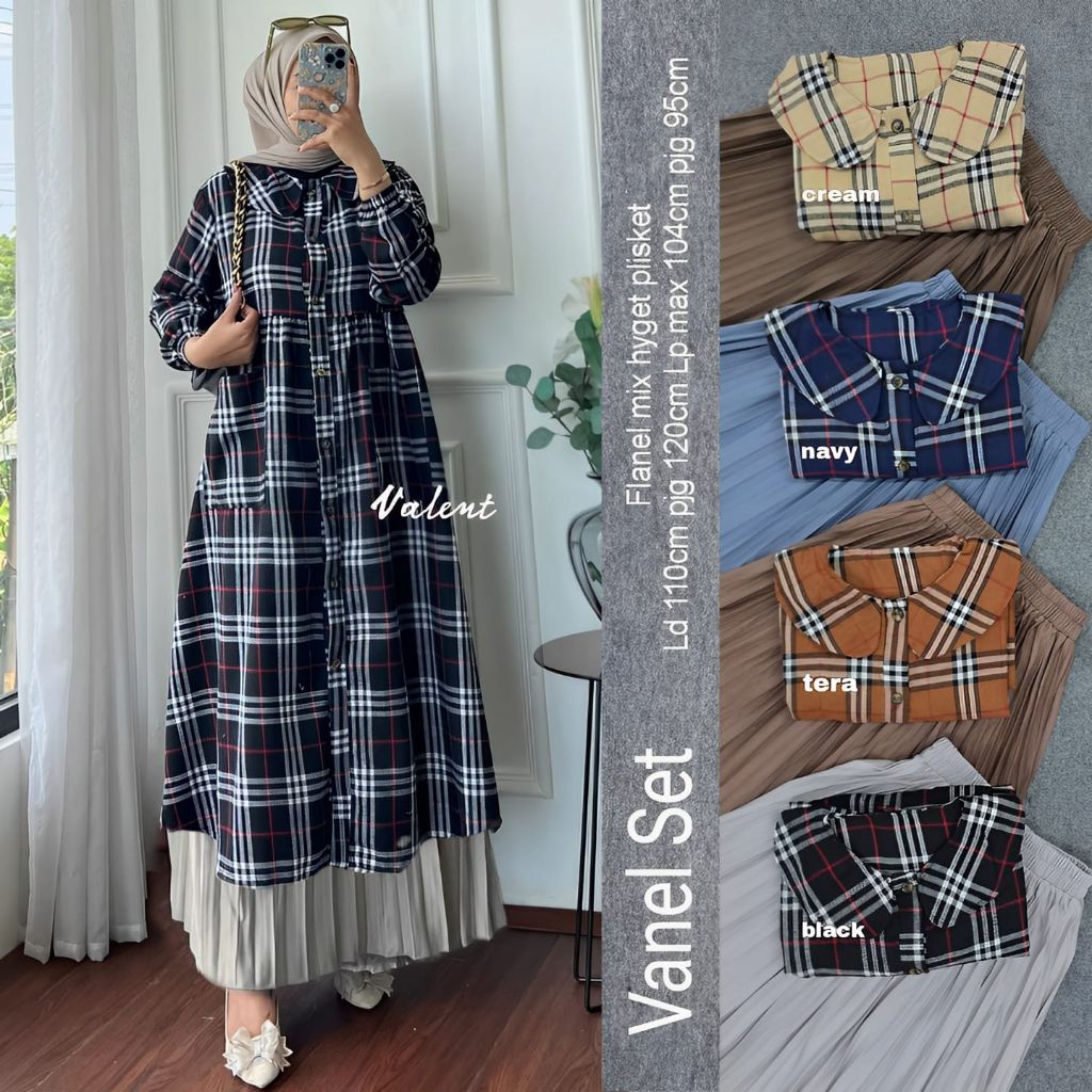 Vanel Set By Valent/Baju Tunik Setelan Rok Plisket Kekinian Busui Frendly Motif Kotak-Kotak