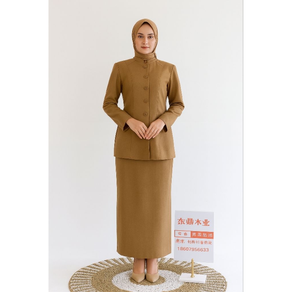 Setelan Seragam PNS Wanita Khaki Dinas Pemda Kerah Sanghai Rok Celana Terbaru