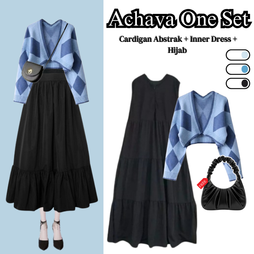 OOTD Set Achava Setelan Korean ( Cardigan + Inner Dress + Bella Square ) One Set Outfit Douyin