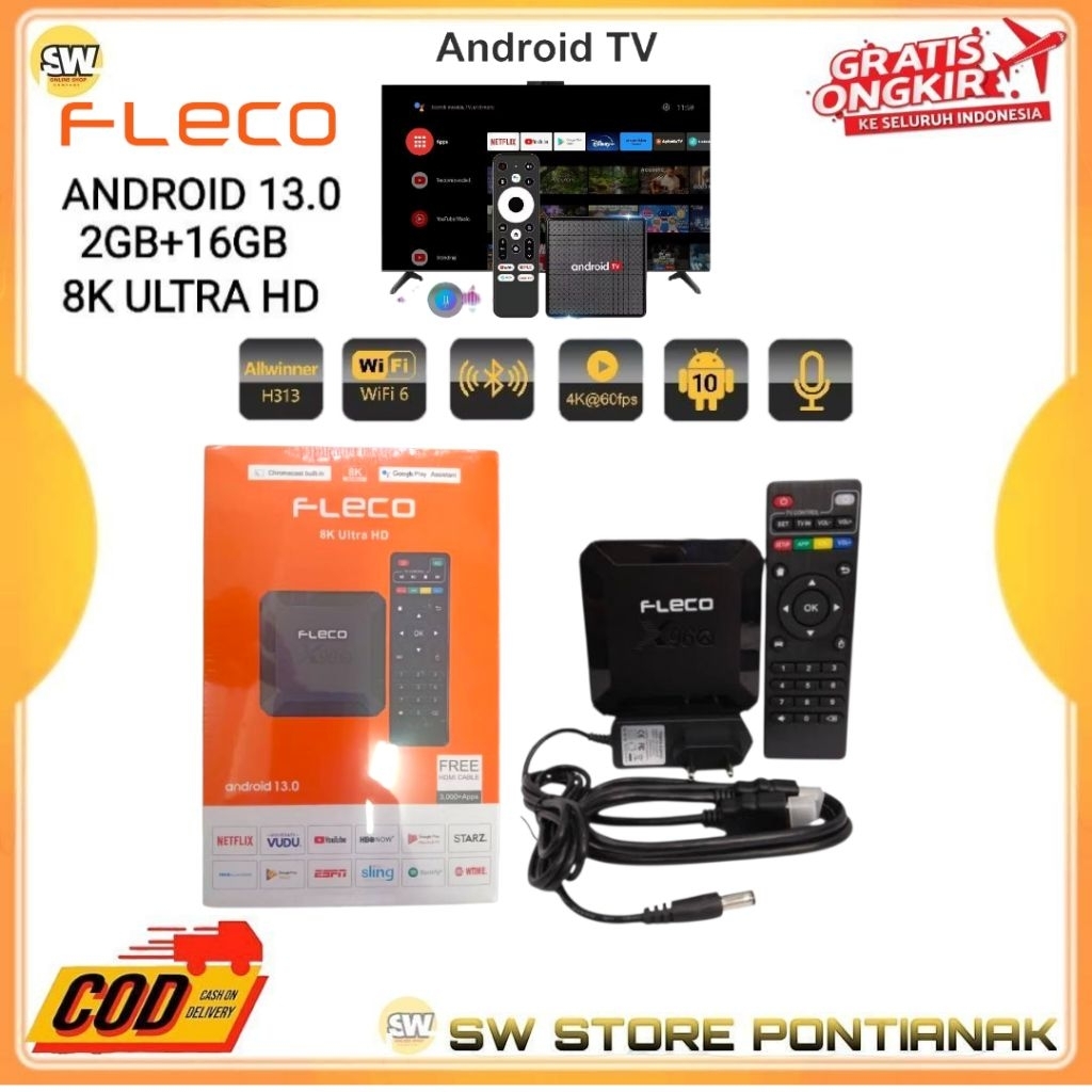 STB ANDROID TV BOX FLECO ORIGINAL SMART TV 13.0 8K ULTRA HD 2GB + 16GB MEDIA PLAYER / ANDROID BOX TV