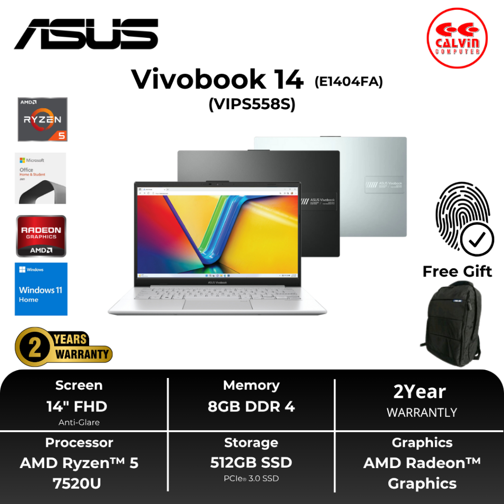 ASUS Vivobook Go 14 E1404FA Ryzen 5 7520U 8GB 512GB SSD 14” FHD VIPS Windows 11 + Office + M365 - La