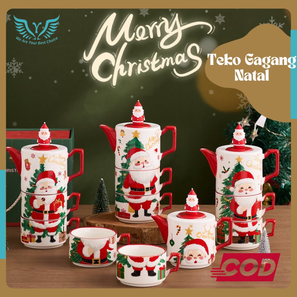 TERLARIS Set Teko Cangkir natal/ Hampers Natal Teko/Teko natal gagang putih merah/teko santa natal