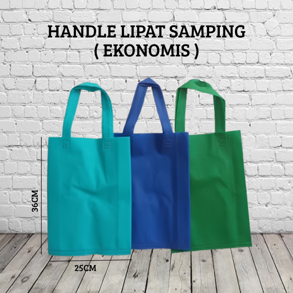 

Paket EKONOMIS ukuran 25x35 isi 12pcs Tas Tali lipat Samping Spundbond Bag Hampers