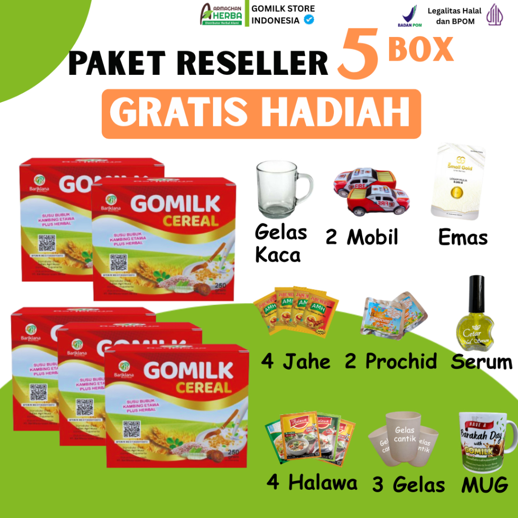 

[PAKET RESELLER 5 BOX][PRODUK ORIGINAL] GOMILK CEREAL SACHET Sereal dari Susu Kambing plus Pathi Garut | Baik untuk Penderita Aslam dan Gerd