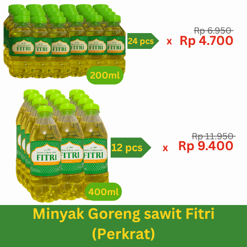

minyak goreng fitri kemasan botol 200 ml/Krat isi 24 dan 400 ml/Krat isi 12 (harga grosir)