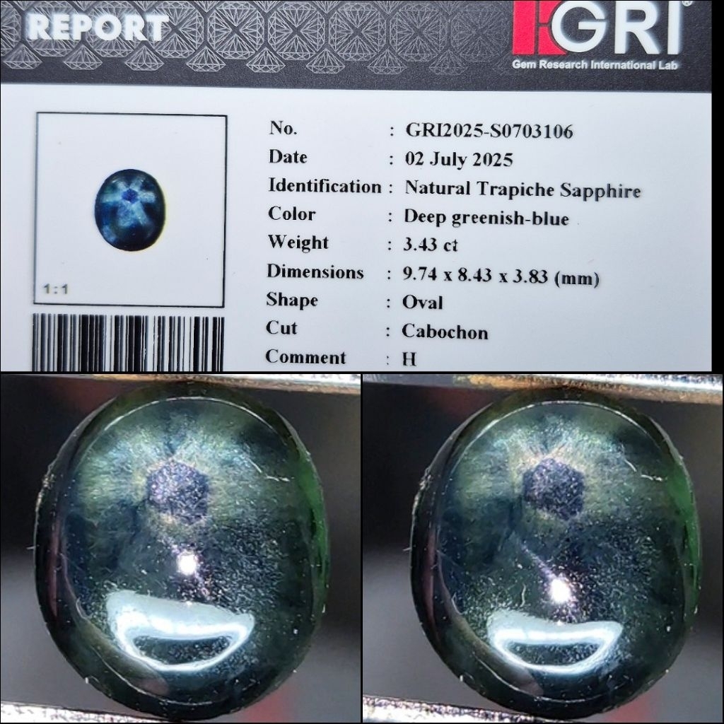 Natural Trapiche Sapphire Blue Safir motif rare memo GRI lab