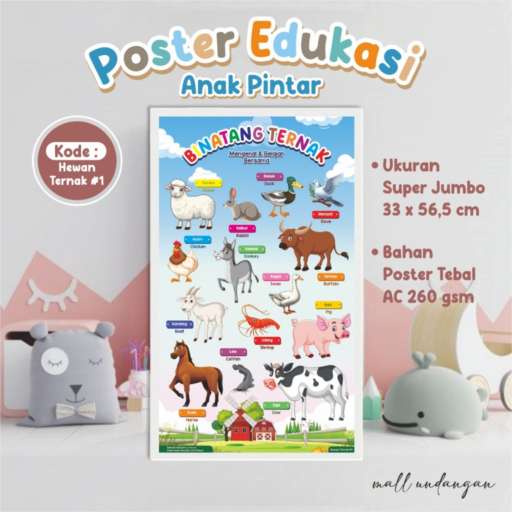 POSTER BELAJAR ANAK PINTAR [TEMA HEWAN TERNAK] - POSTER EDUKASI DINDING ANAK READY STOCK