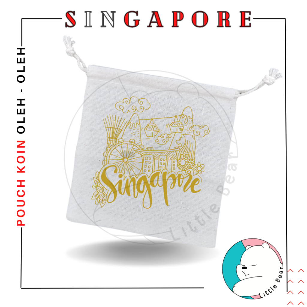 Littlebear Pouch Koin Souvenir Singapore Dompet Koin Oleh Oleh Bahan Blacu Tali Serut Type 2