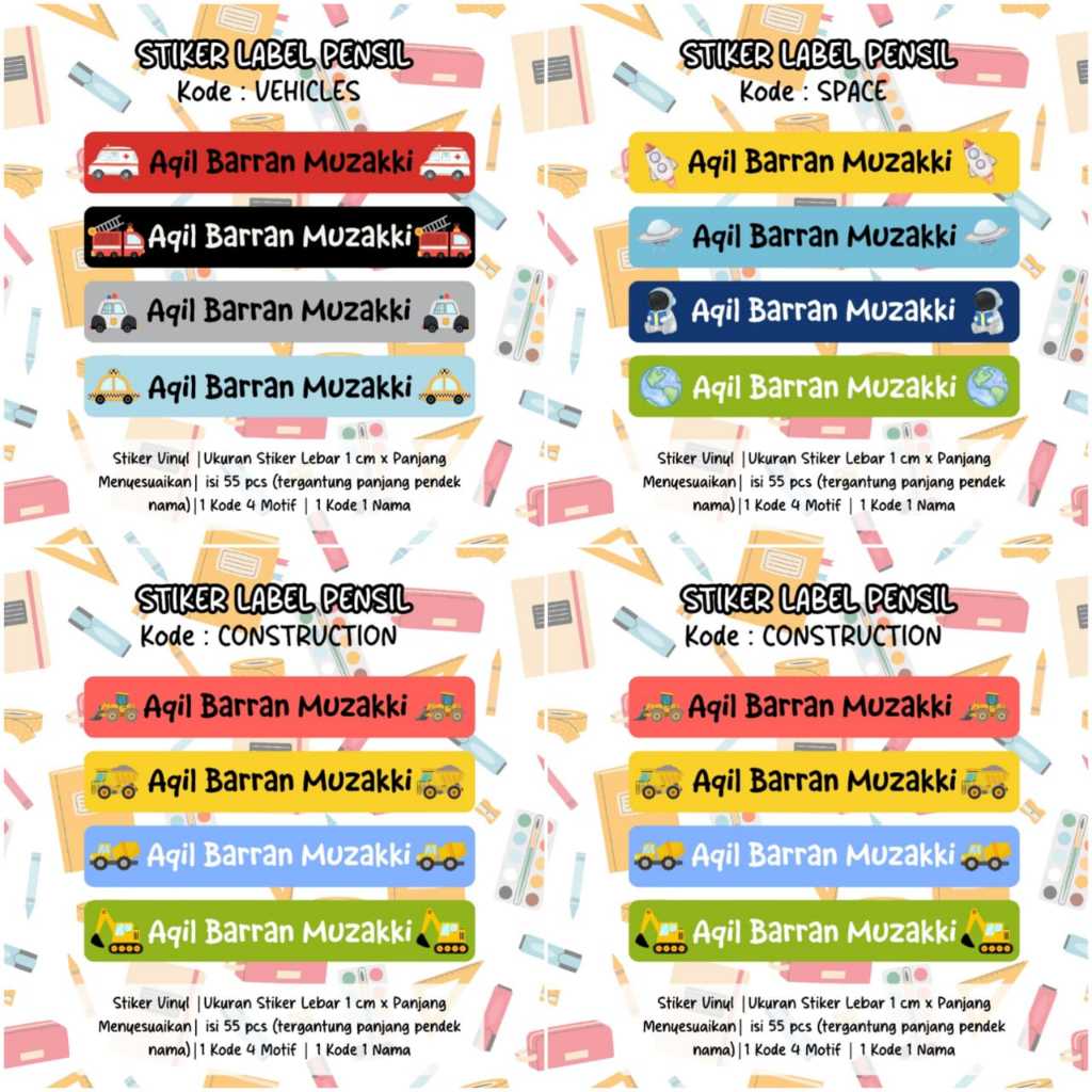 

Stiker Label Nama untuk Pensil, custom karakter, waterproof