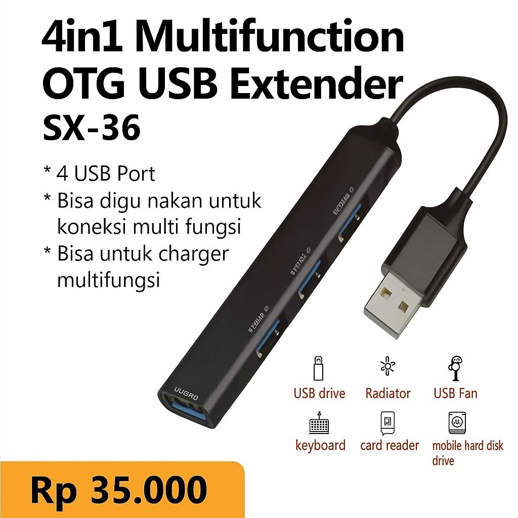 OTG USB Extender 4 Port SX-36 | USB Splitter 4in1 Multifungsi Charger & Data Transfer