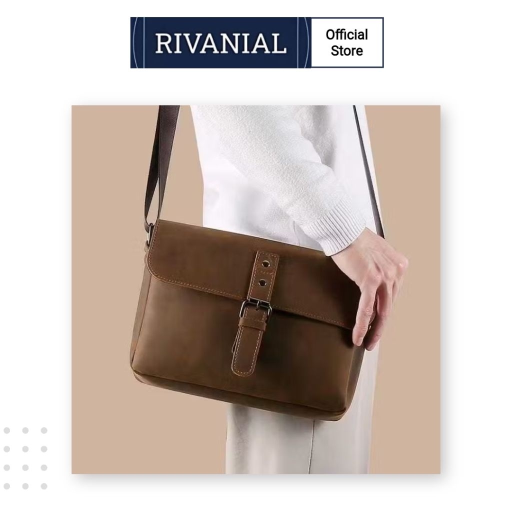 Rivanial Tas Selempang Pria Kulit Messenger Bag Anti Air CURRENOS-Tas Selempang Pria Kulit Asli - Ta