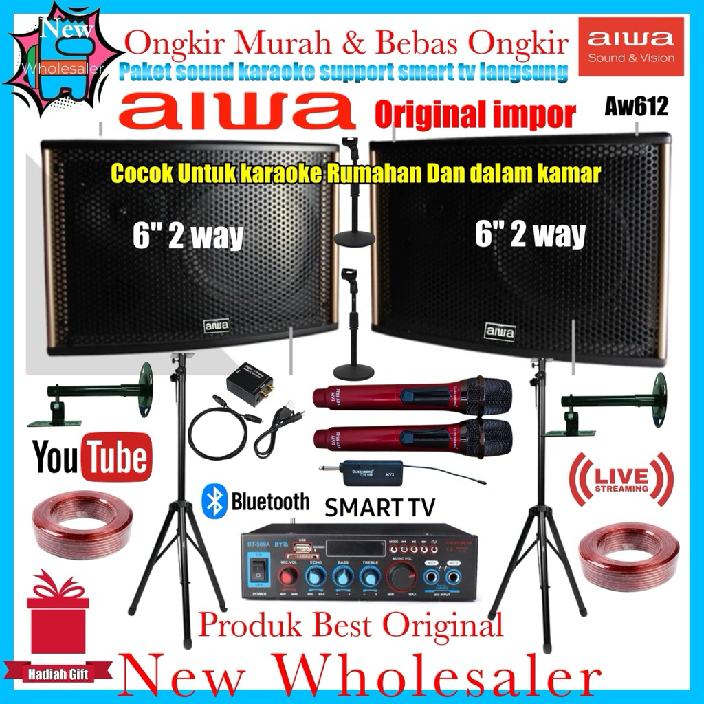 Paket Sound system Aw612 Aiwa 6inch Karaoke set mic wireless Charger Original