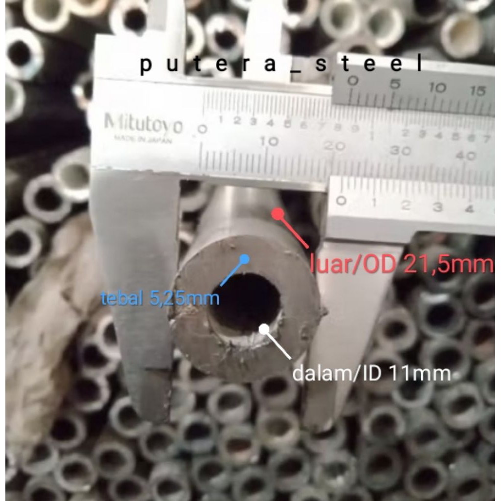 pipa besi seamles luar/OD 21,5mm dalam/ID 11mm tebal 5,25mm ukuran 10-50cm