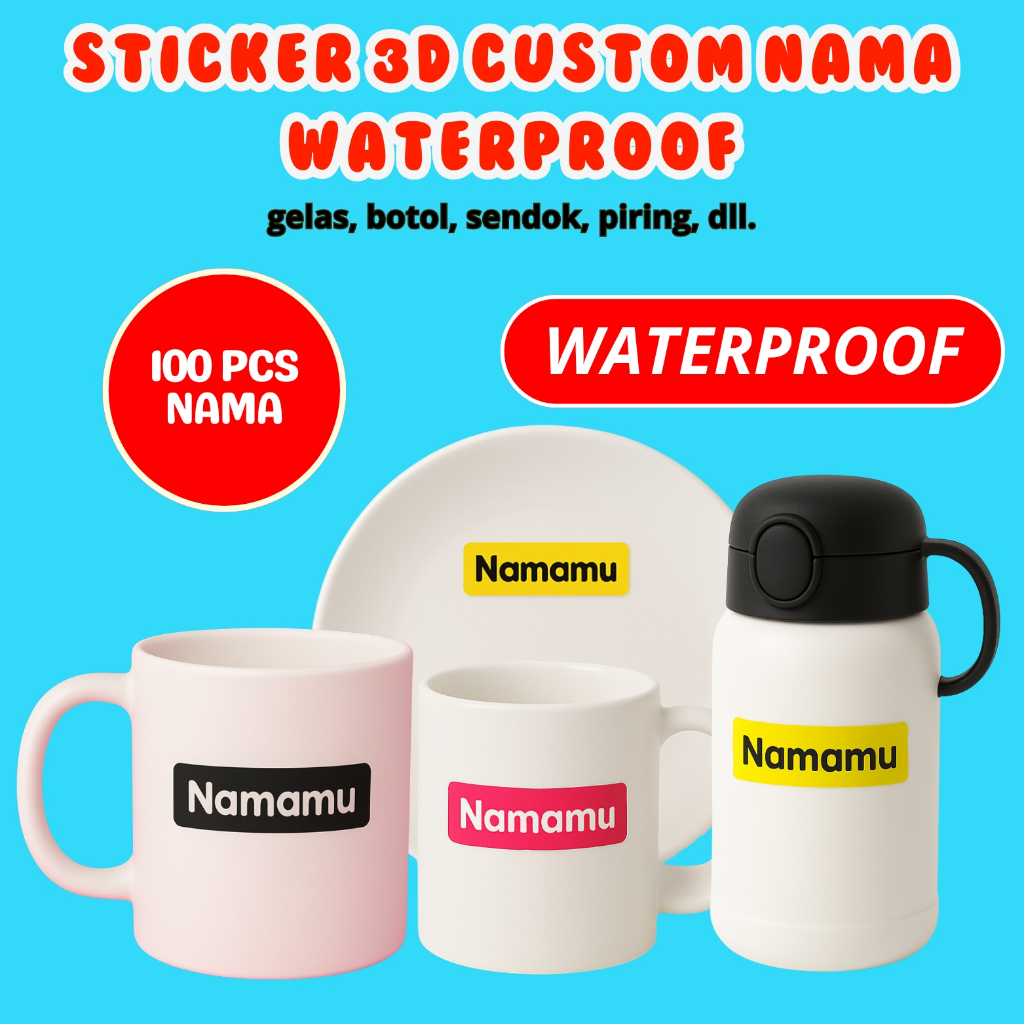 

100Pcs Sticker Custom Nama Piring Sendok Botol Barang Perabotan Stiker Ajaib Waterproof Timbul Label