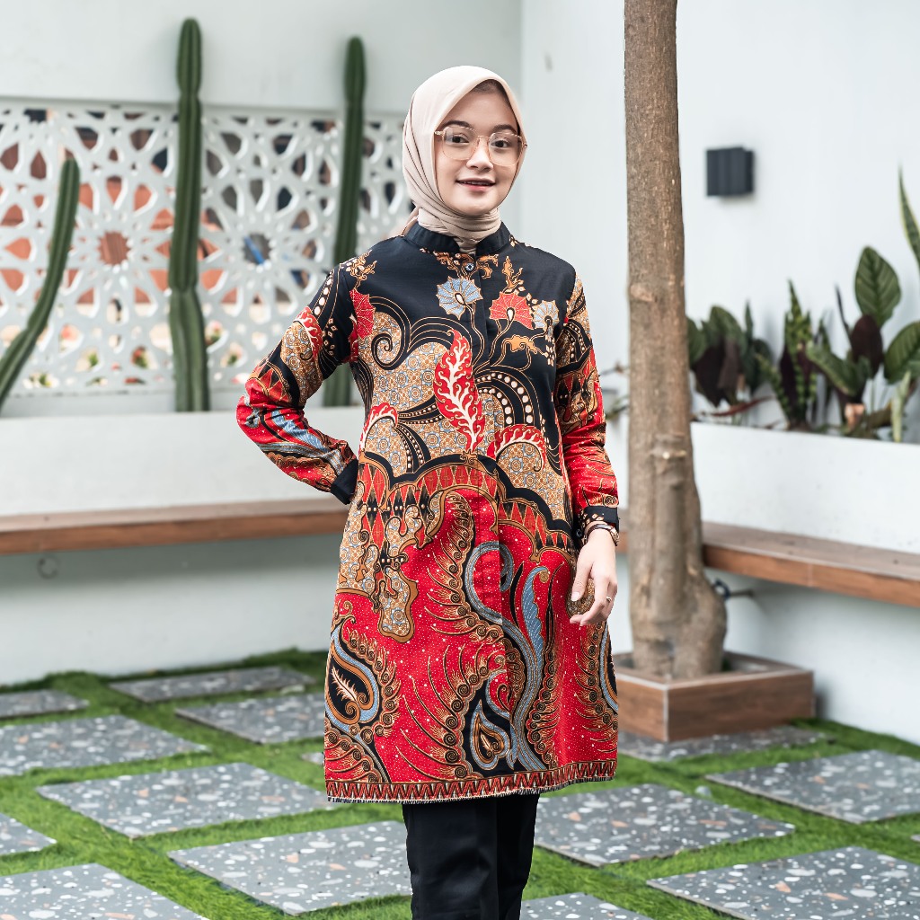 Malika Tunik Batik Premium Wanita Kerja Kantor Katun Halus Lapis Trikot Waffle