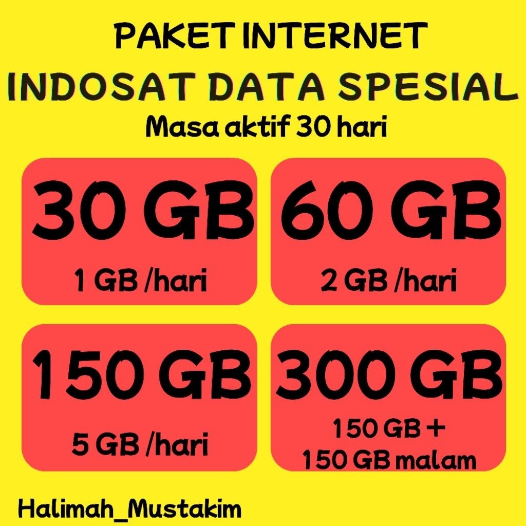 Paket Kuota internet Indosat Spesial | im3 (30 GB, 60 GB, 150 GB, 300 GB) | 1 GB / Hari | 2 GB / Har