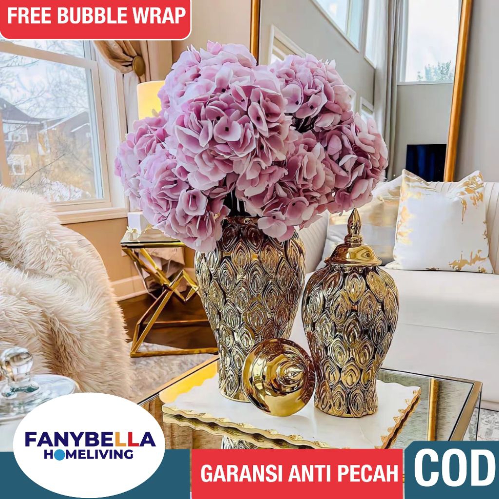 Vas Bunga Keramik Kuning Emas Gold Ginger Jar Satu Set Tochin Dekorasi Hiasan Percantik Rumah