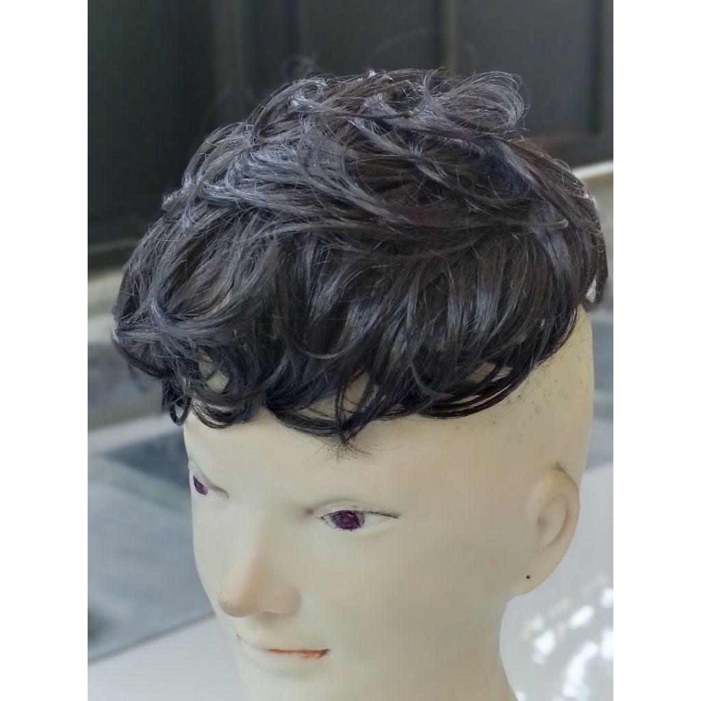 wig penutup botak pria model rambut ikal/touppe ikal