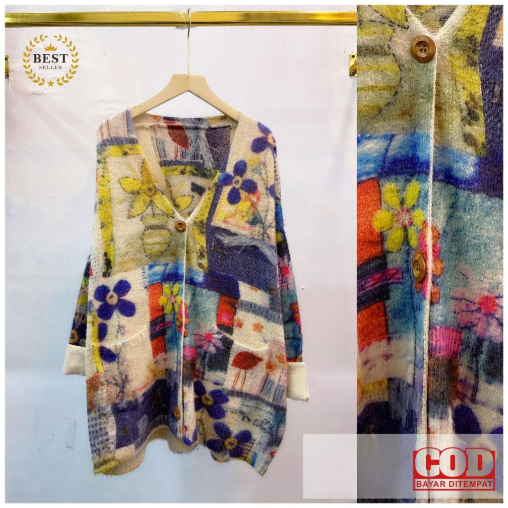 Best Seller Cardigan Rajut wanita Import Motif Bunga Abstrak Warna-warni – Outer Unik Oversize Lenga