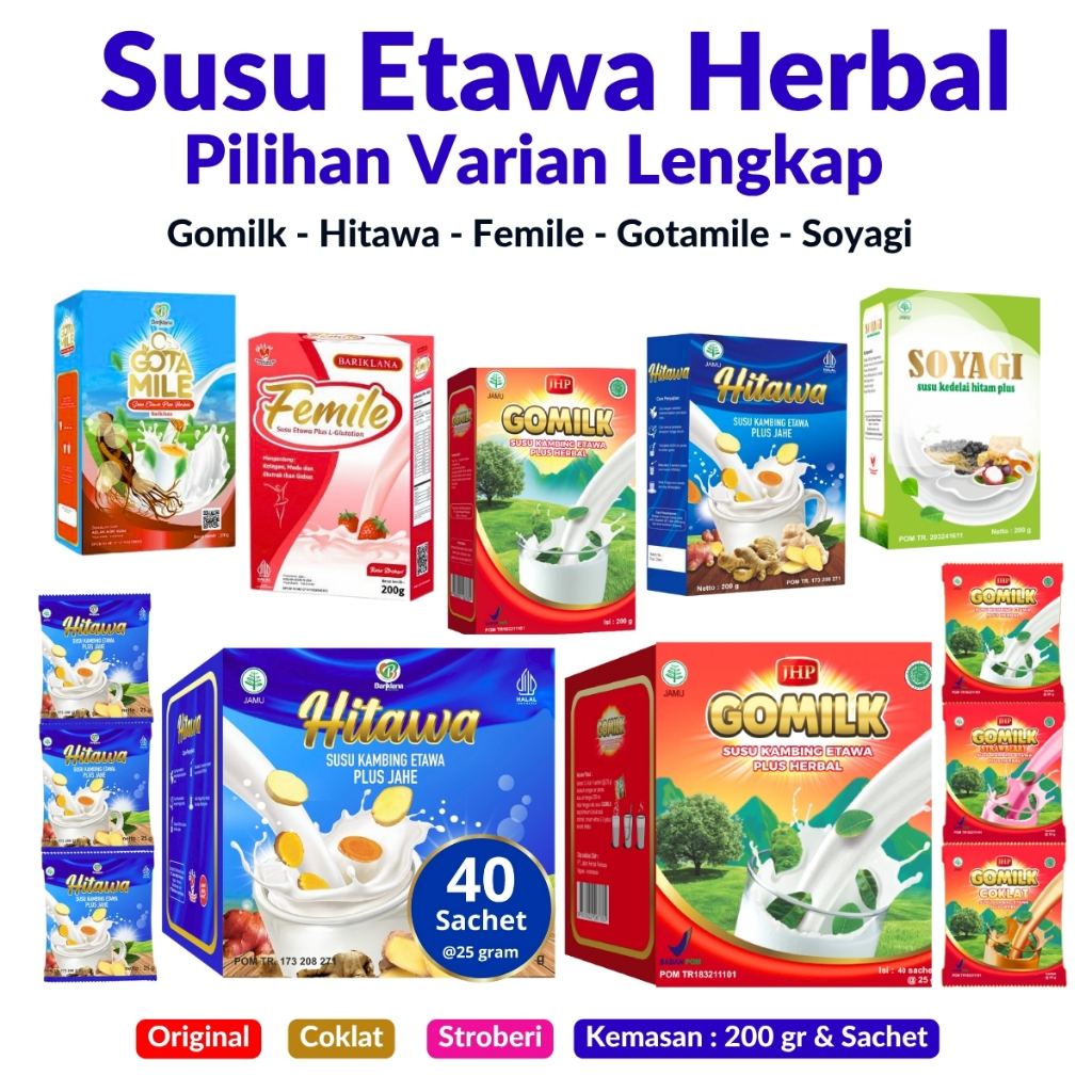 

Susu Etawa Herbal BPOM – GOMILK | HITAWA | GOTAMILE | FEMILE | SOYAGI | Box / Sachet