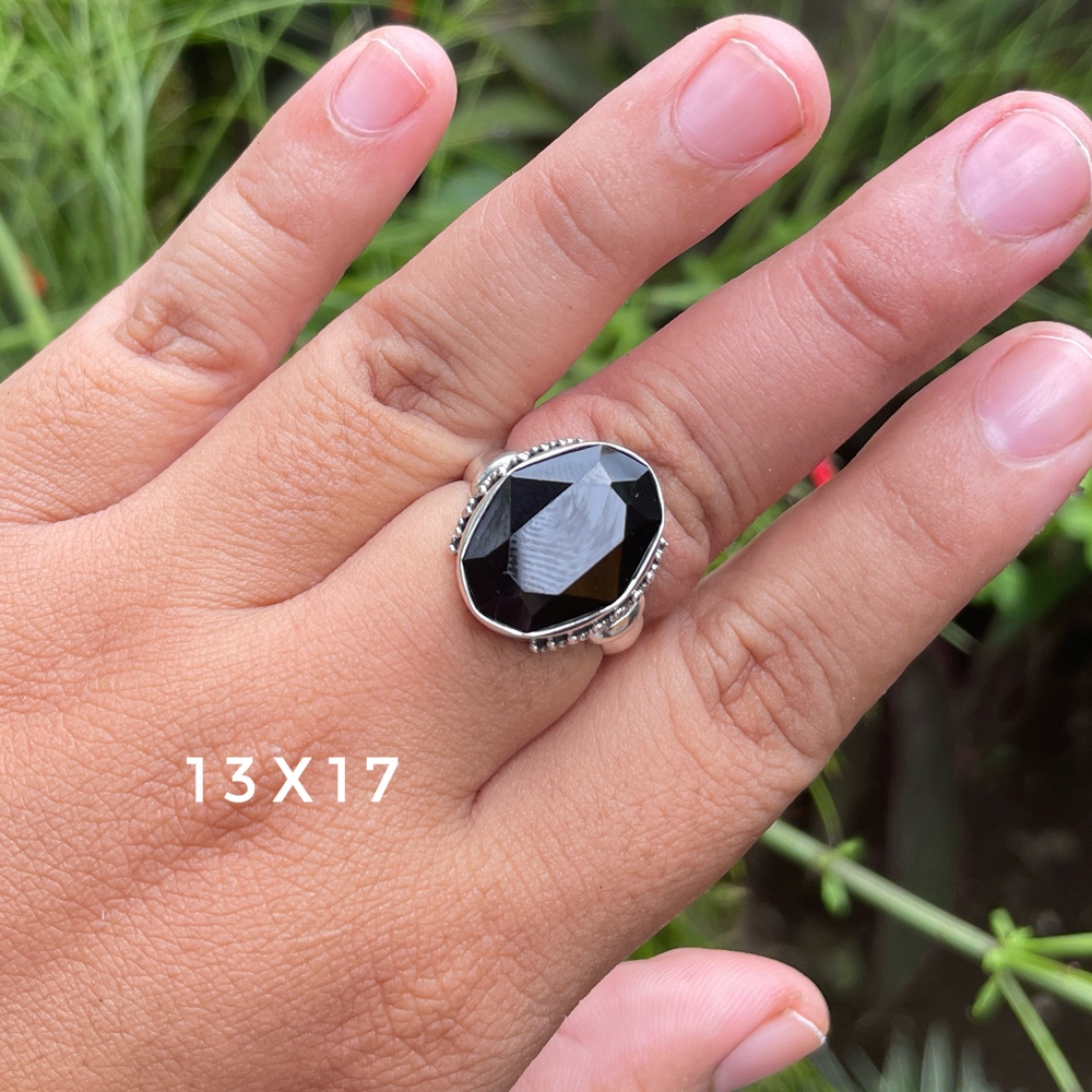 Cincin Ring Perak Silver Bali 925 Motif Simple Batu Natural Black Onyx Besar jawan Wanita Pria Custo