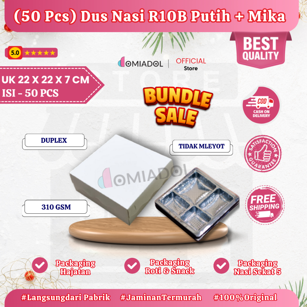 

(BUNDLE SALE 50 PCS) - Box Dus Nasi Kotak R10B Putih Premium - Ukuran 22x22x7,5 + Mika Sekat 5