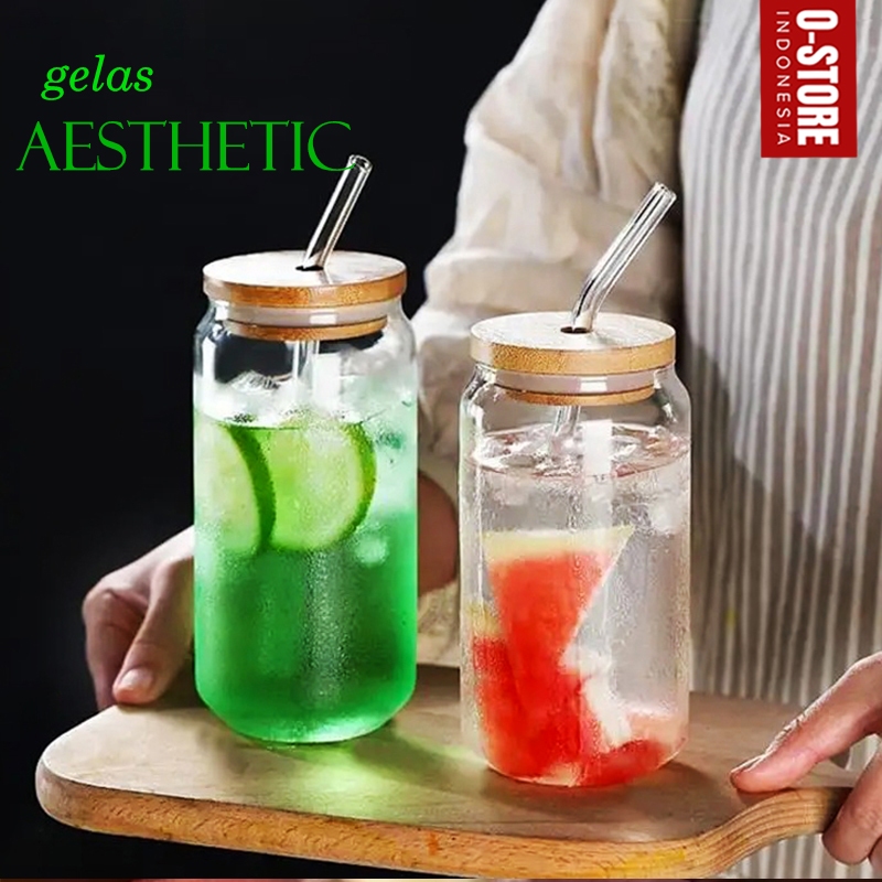 GELAS AESTHETIC TUTUP KAYU MUG BOTOL MINUM CANGKIR GELAS KACA SOUVENIR TUMBLER KACA GLAS